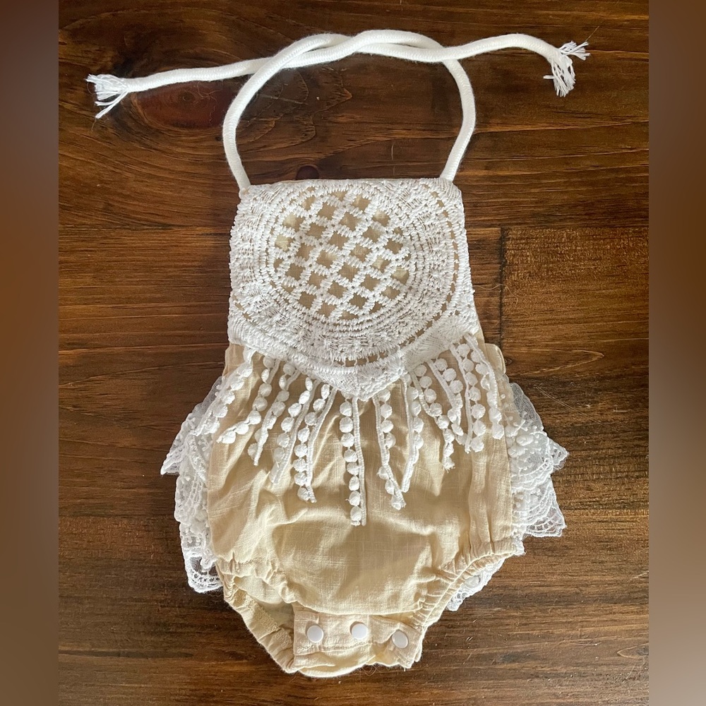 Blush + Willow Baby Khaki and Lace Linen Romper